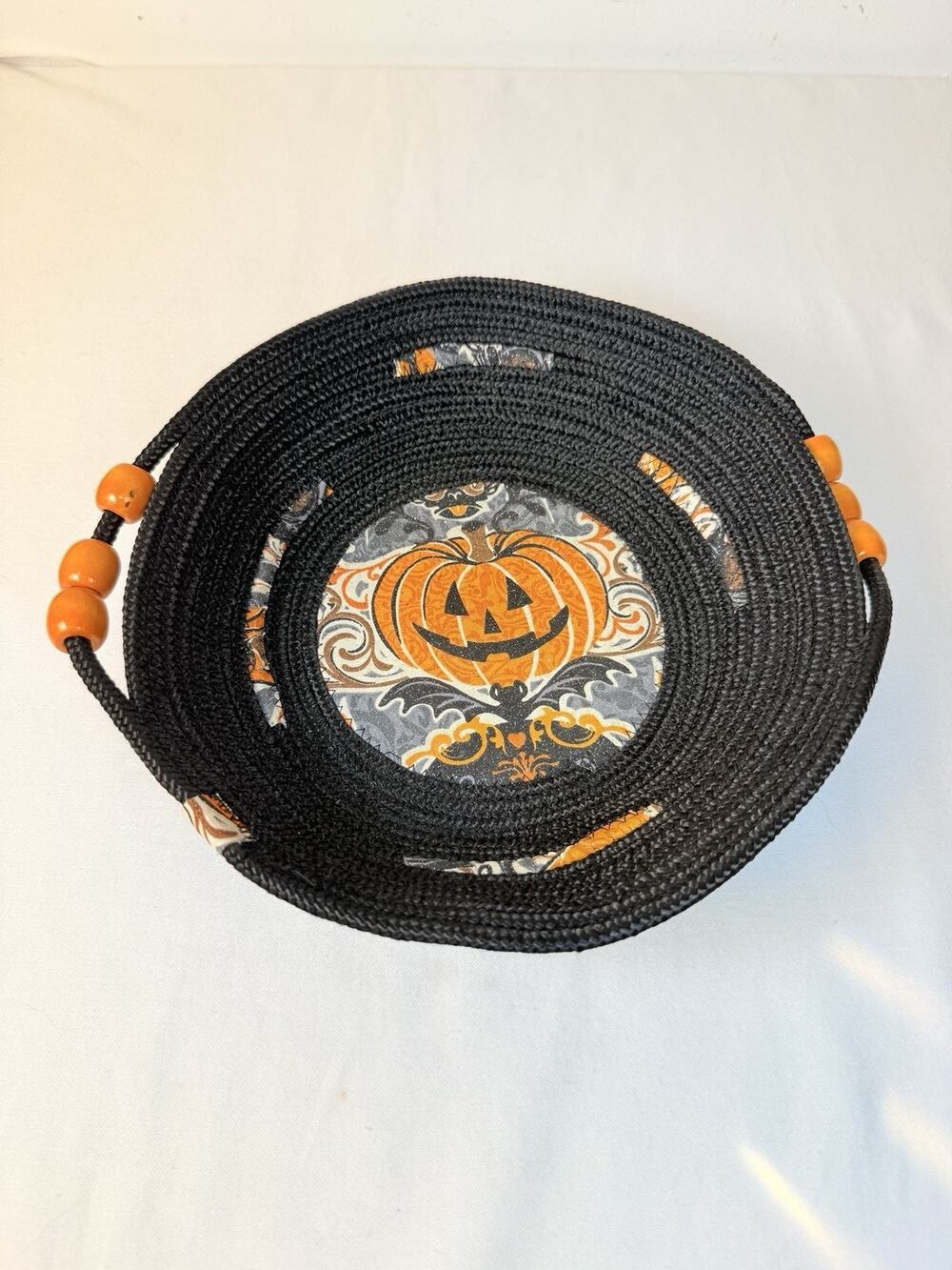 Small Handmade Halloween Coiled Fabric Rope Basket Jack O Lantern Bowl